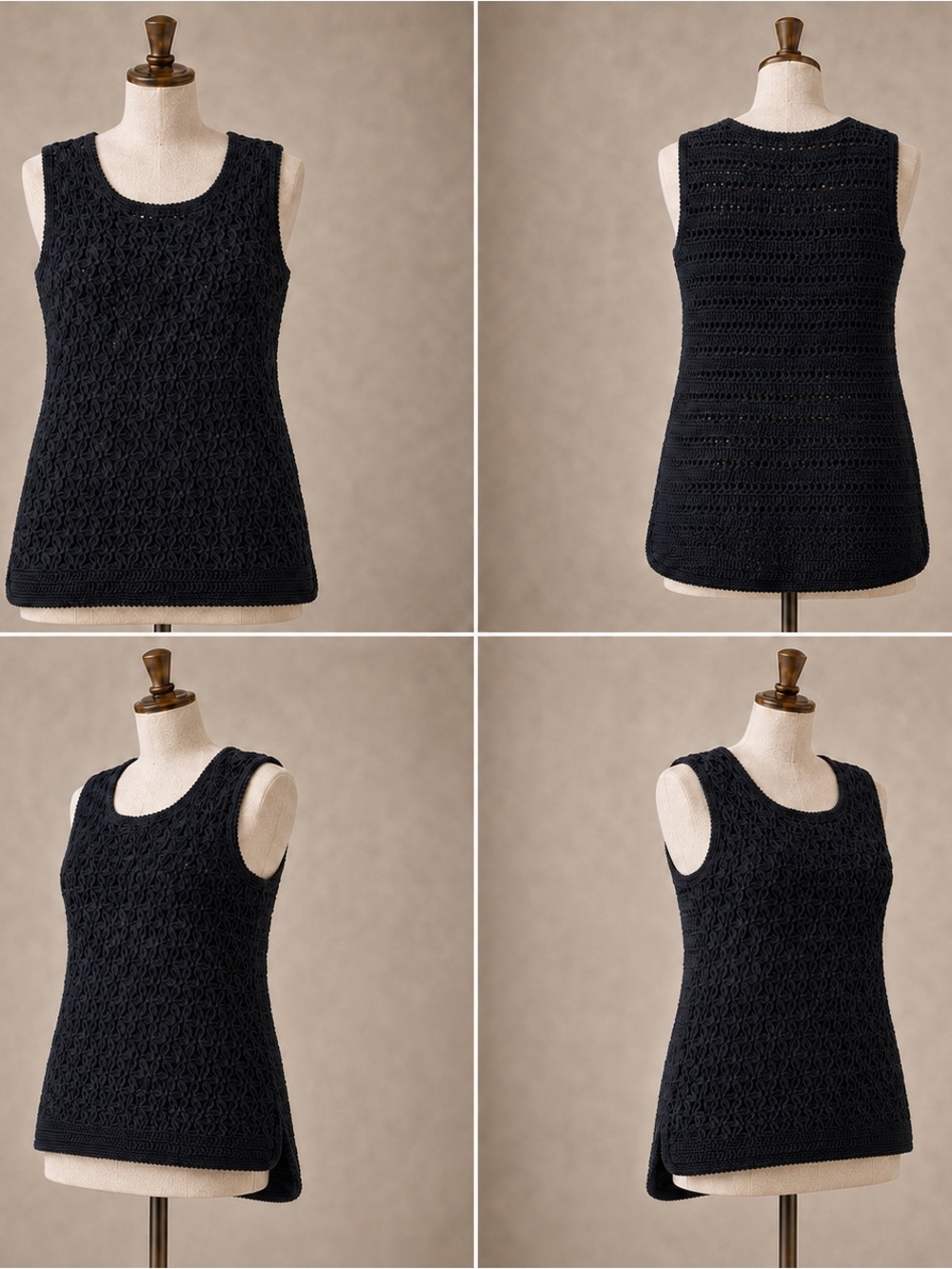 Handmade Black Crochet Sleeveless Top Vest Open Knit Boho Womens Tank Blouse